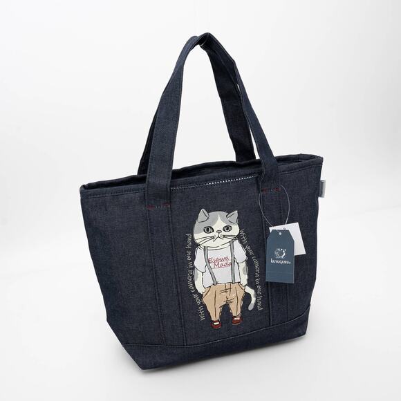 Kusuguru Japan Denim & Canvas Cat Tote Bag Dark Denim - Picture 2 of 7